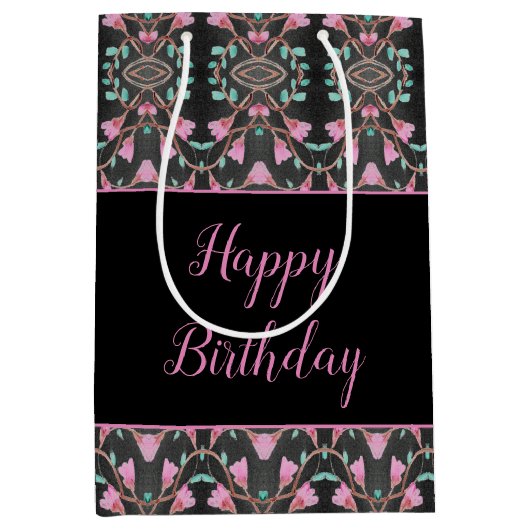 黒の抱き枕パターン(の模様が)ある(ティール(緑がかった色)とピンクのアクセント) ミディアムペーパーバッグ (正面)