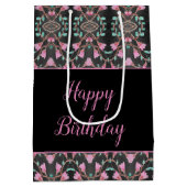 黒の抱き枕パターン(の模様が)ある(ティール(緑がかった色)とピンクのアクセント) ミディアムペーパーバッグ (裏面)