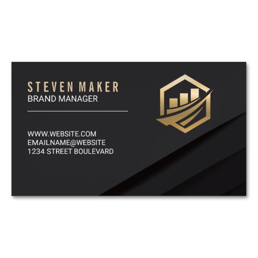 黒の抽象芸術パネル | 金ゴールド財務アイコン マグネット名刺 (正面)