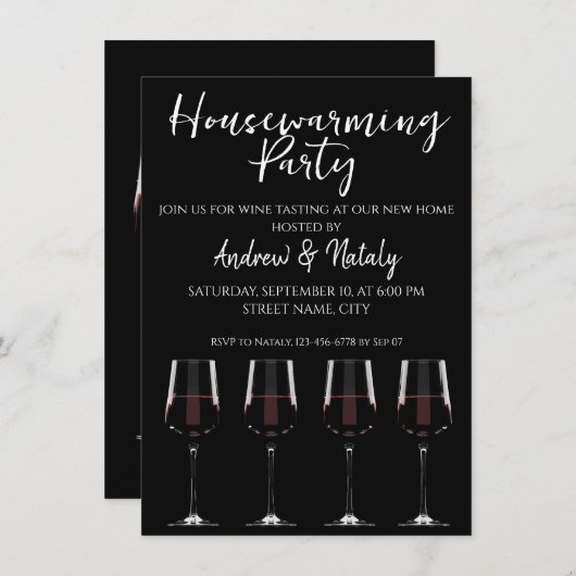黒の招待に赤ワインを添えたワイングラス 招待状 (正面/裏面)