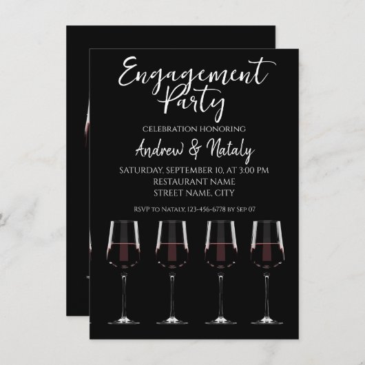 黒の招待状に赤ワインのワイングラス 招待状 (正面/裏面)