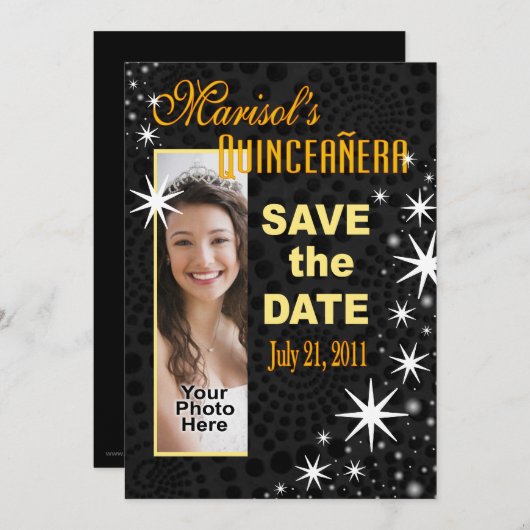 黒の星のQuinceañeraの写真のパーティー 招待状 (正面/裏面)