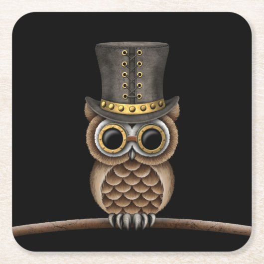 黒の枝のSteampunkのかわいいフクロウ スクエアペーパーコースター (正面)