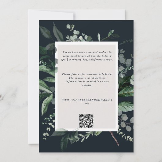 黒の植物性フローラエレガントな結婚式詳細QR 招待状 (裏面)