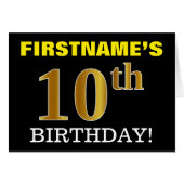 黒の模造金ゴールド「10番目の誕生日」カード (正面横)