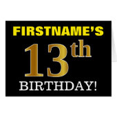 黒の模造金ゴールド「13番目の誕生日」カード (正面横)