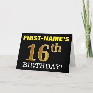 黒の模造金ゴールド「16番目の誕生日」カード カード