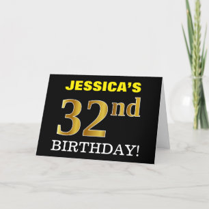 黒の模造金ゴールド「32番目の誕生日」カード カード