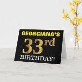 黒の模造金ゴールド「33番目の誕生日」カード カード (黄色い花)