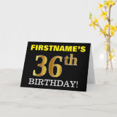 黒の模造金ゴールド「36番目の誕生日」カード カード (黄色い花)