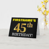 黒の模造金ゴールド「45番目の誕生日」カード カード (黄色い花)