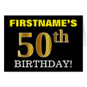 黒の模造金ゴールド「50番目の誕生日」カード (正面横)