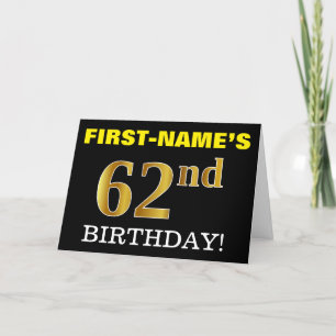 黒の模造金ゴールド「62番目の誕生日」カード カード
