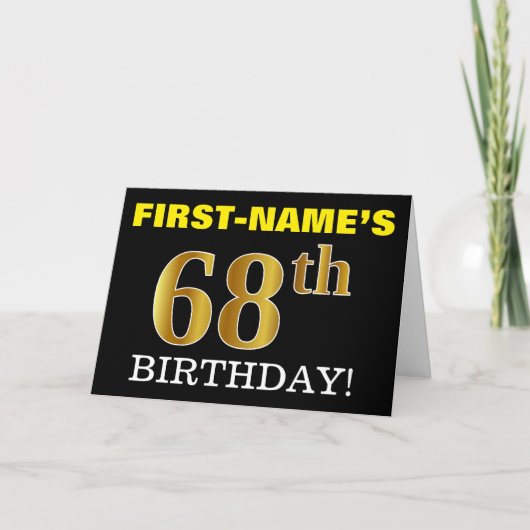 黒の模造金ゴールド「68番目の誕生日」カード カード (正面)