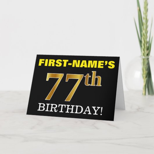 黒の模造金ゴールド「77番目の誕生日」カード カード (正面)