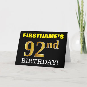 黒の模造金ゴールド「92番目の誕生日」カード カード