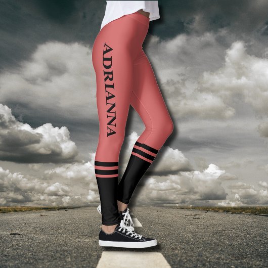 黒の水平ストライプ線 |名前 |さびたオレンジ レギンス