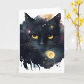 黒の水彩宇宙猫（黄色い目） カード (黄色い花)