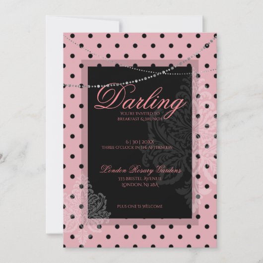 黒の水玉模様がピンクの朝食・ブランチ 招待状 (正面)