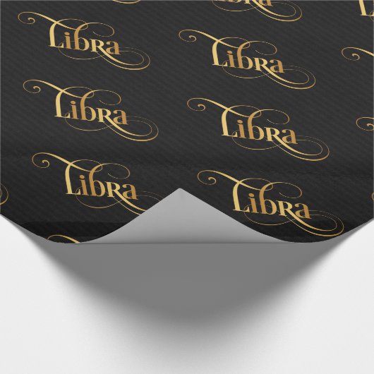 黒の渦巻形のな原稿の(占星術の)十二宮図の印の天秤座の金ゴールド ラッピングペーパー (角)