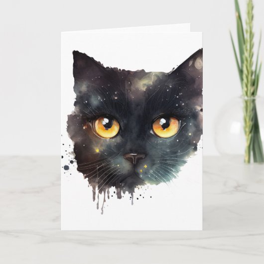 黒の滲み水彩ねこ カード (正面)
