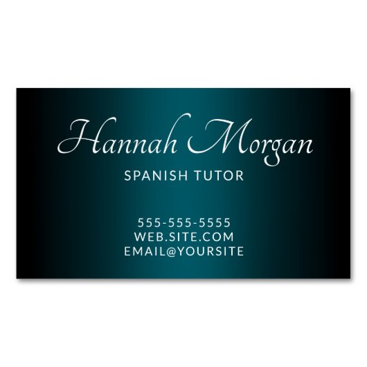 黒の濃いティール（緑がかった色）グラデーションエレガントスクリプト マグネット名刺 (正面)