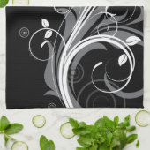 黒の灰色の花パターン キッチンタオル (折り畳み)