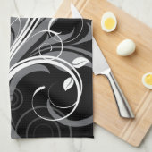 黒の灰色の花パターン キッチンタオル (四つ折り)