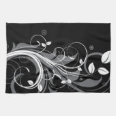 黒の灰色の花パターン キッチンタオル (横)