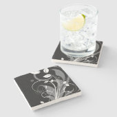 黒の灰色の花パターン ストーンコースター (横)