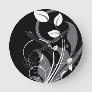 黒の灰色の花パターン ラウンド壁時計