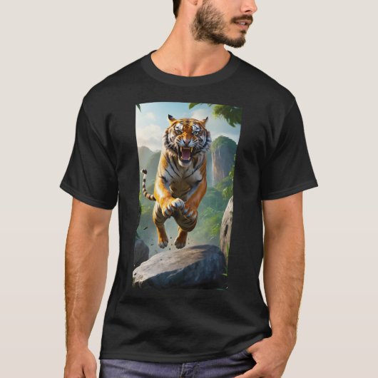 黒の獰猛なトラのメンズTシャツ Tシャツ (正面)