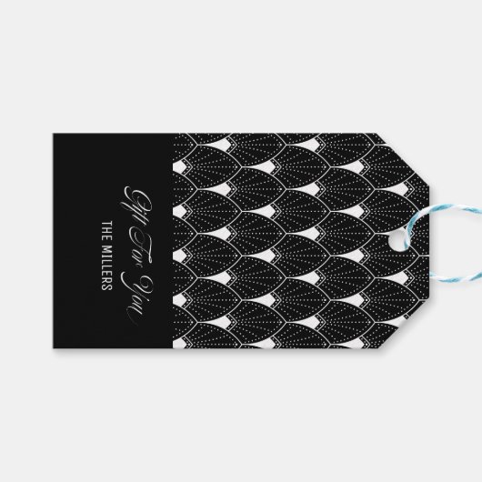 黒の白いアールデコパターン ギフトタグ (正面(横))