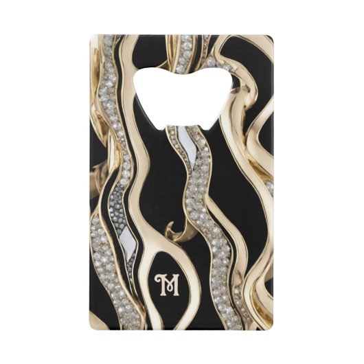 黒の白いダイヤモンドと金ゴールド縞模様 クレジットカード栓抜き (正面)