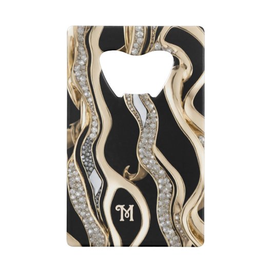 黒の白いダイヤモンドと金ゴールド縞模様 クレジットカード栓抜き (裏面)