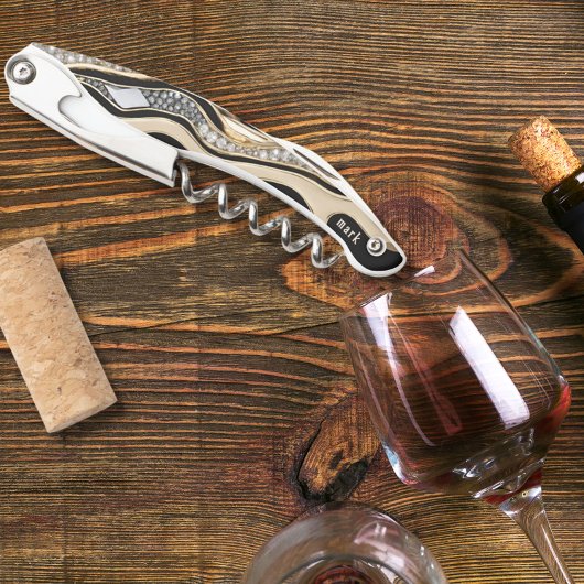 黒の白いダイヤモンドと金ゴールド縞模様 ソムリエナイフ