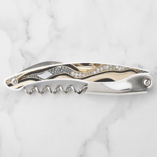 黒の白いダイヤモンドと金ゴールド縞模様 ソムリエナイフ (裏面)