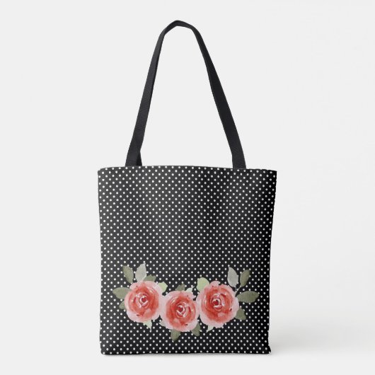 黒の白い水玉模様に赤いバラ トートバッグ (裏面)