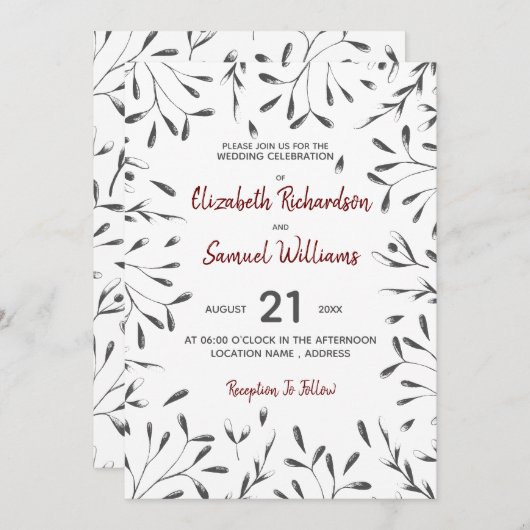 黒の白い赤のグラフィックフローラ結婚式招待状 招待状 (正面/裏面)