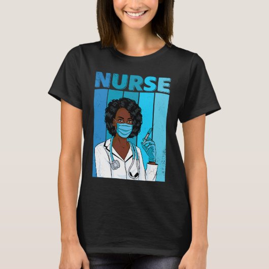 黒の看護師ユニフォームフェイスマスク アフロ アフリカ系黒人男性用 Tシャツ (正面)