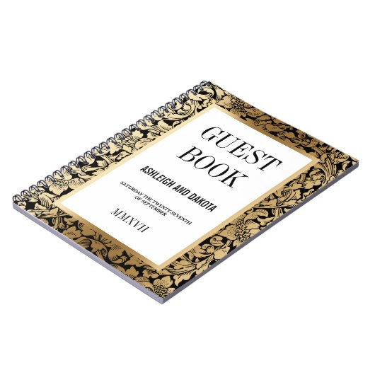 黒の結婚式のゲストブック|の金花のダマスク織 ノートブック (左側)