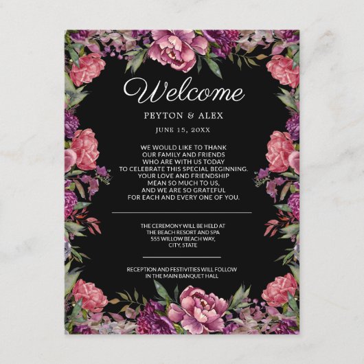 黒の結婚式ウェルカムカード 紫とピンクの花 エンクロージャーカード (正面)