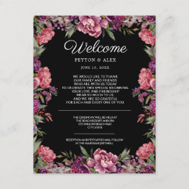 黒の結婚式ウェルカムカード 紫とピンクの花 エンクロージャーカード