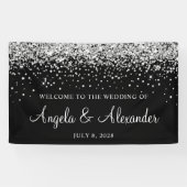 黒の結婚式ウェルカムメッセージにシルバーのグリッター 横断幕 (横)