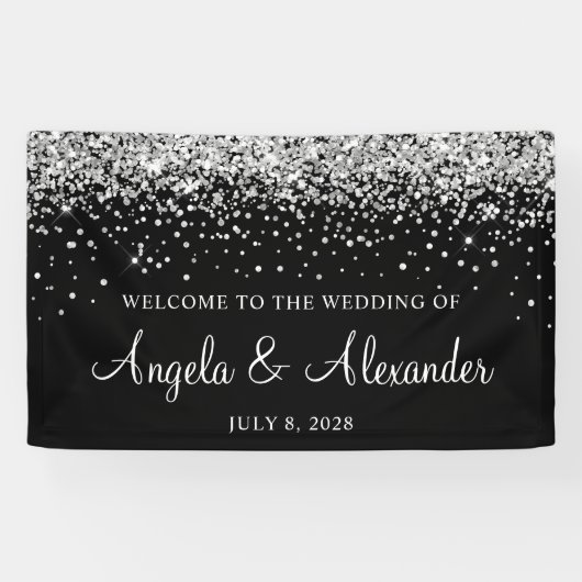 黒の結婚式ウェルカムメッセージにシルバーのグリッター 横断幕 (横)