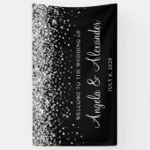 黒の結婚式ウェルカムメッセージにシルバーのグリッター 横断幕 (縦)
