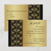 黒の結婚式出欠確認カードに金のダマスク模様 出欠カード (正面/裏面)