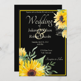 黒の結婚式招待状の水彩ひまわり 招待状