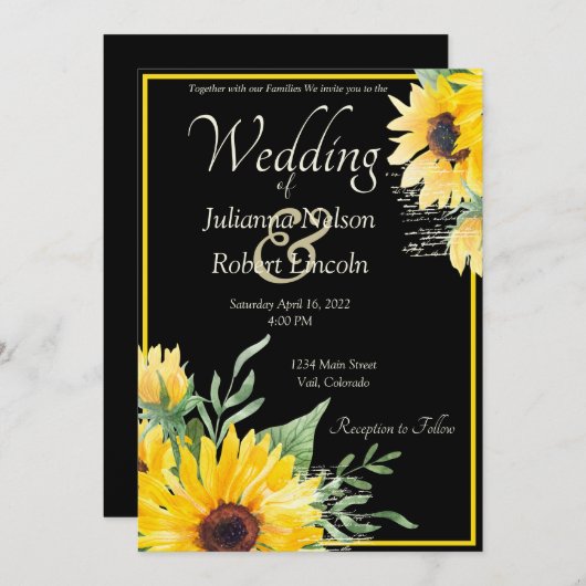 黒の結婚式招待状の水彩ひまわり 招待状 (正面/裏面)