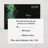 黒の結婚式招待返信カード 緑の羽根付き 出欠カード (正面/裏面)